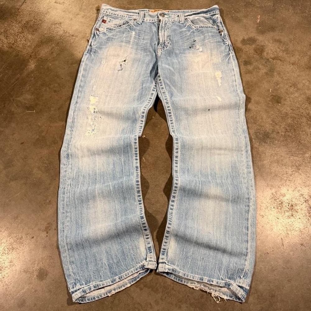 Big Star Mens Baggy Bootcut Jeans Blue Y2K Distressed Denim 38x32
